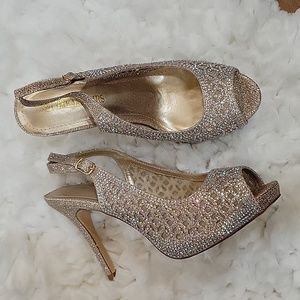 Dream Pairs gold glitter platform 4" heel rhinestones peep toe mesh upper 9 NEW…